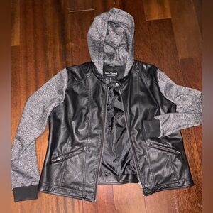 Black leather and Gray Hooded Jacket